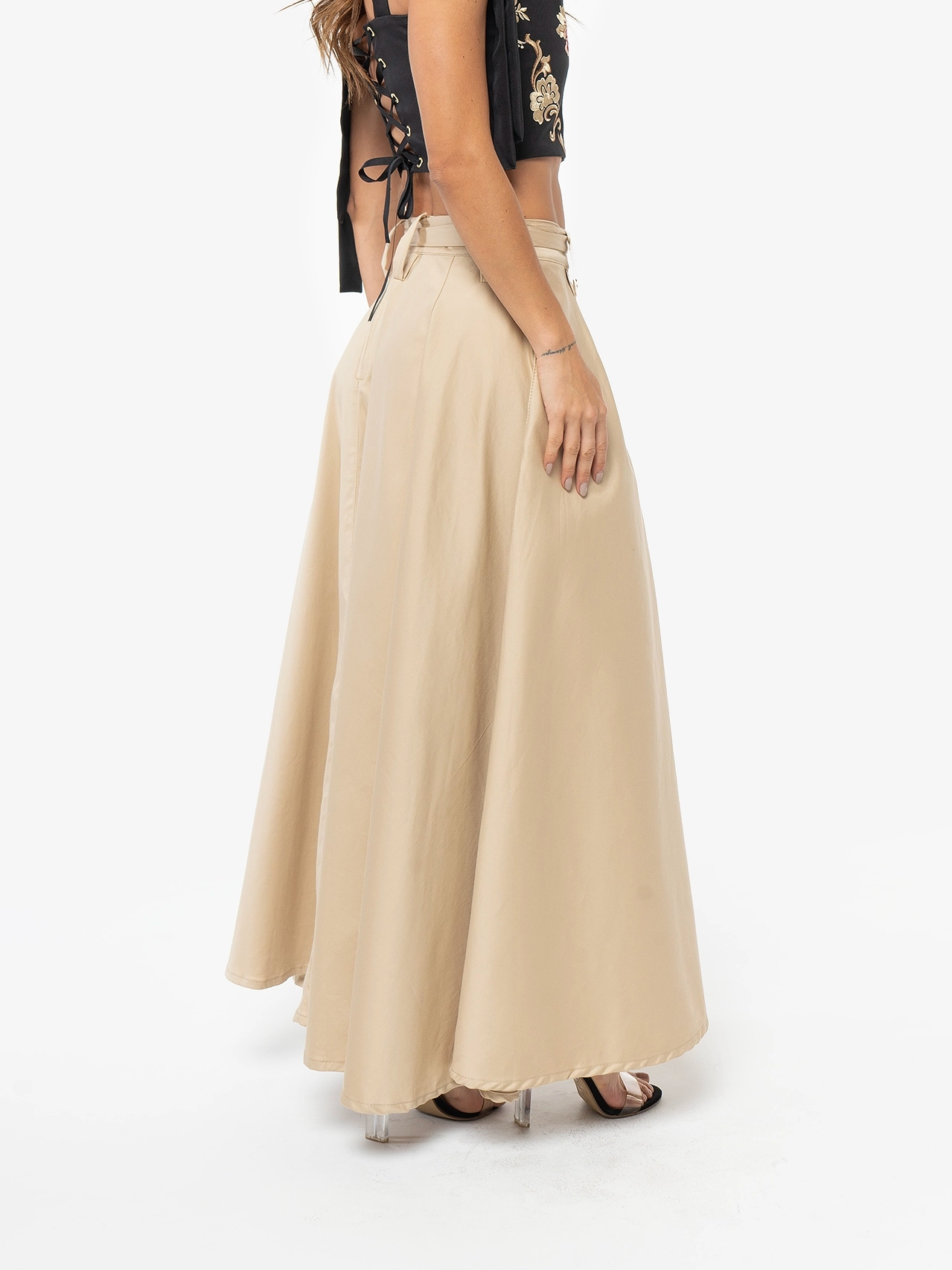 Street Muse Skirt-Women's High Slit Maxi Skirt with Tie Belt