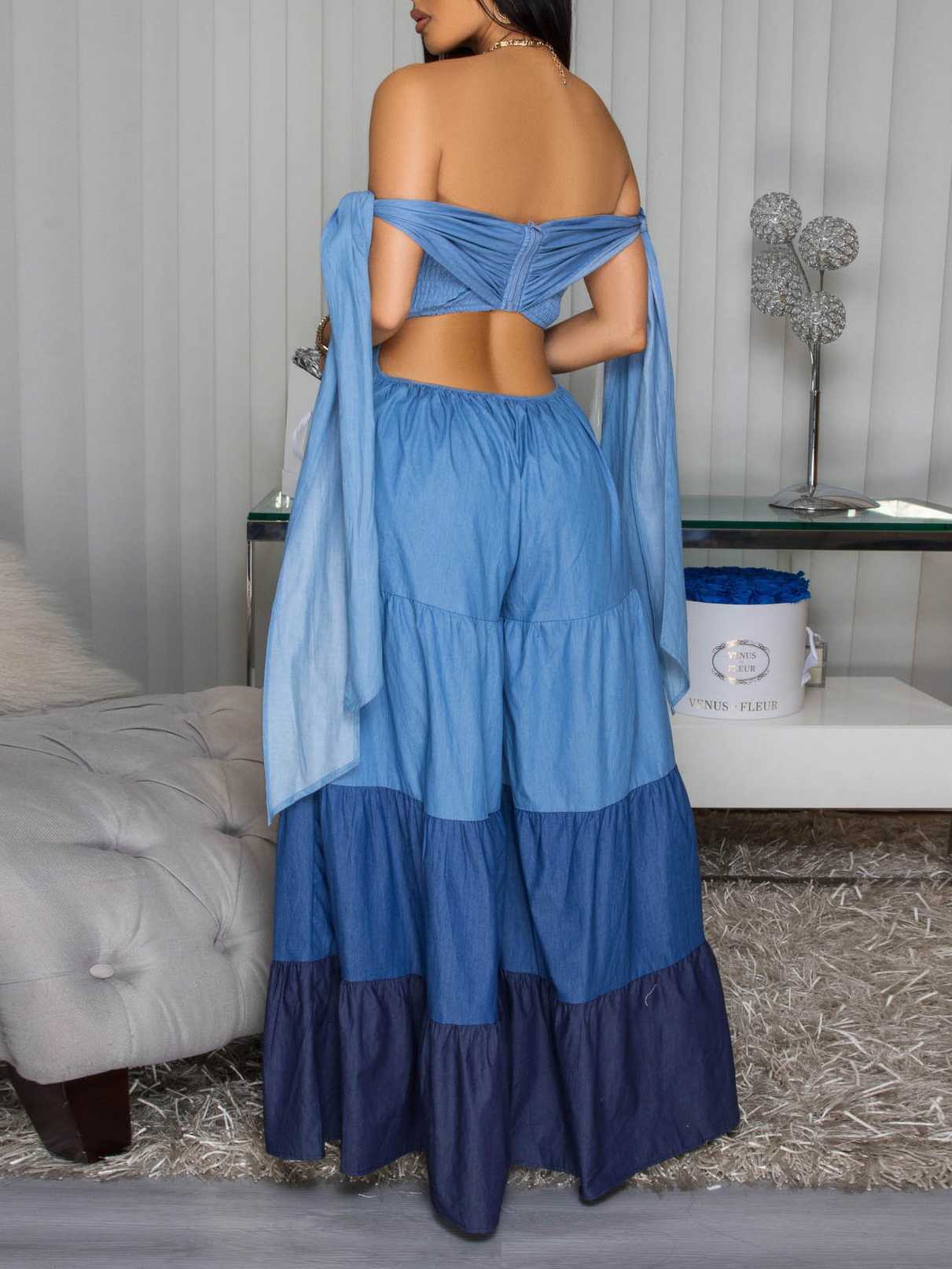 Blue Ombre Denim Strapless Jumpsuit