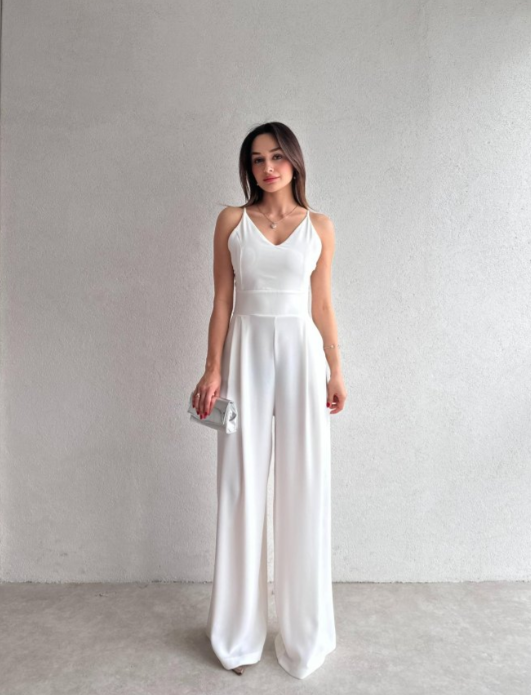 Elegant solid color suspender backless wide-leg jumpsuit