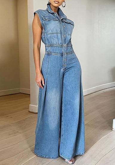 Women's Denim Sleeveless High Waisted Wide Leg Jean Rompers