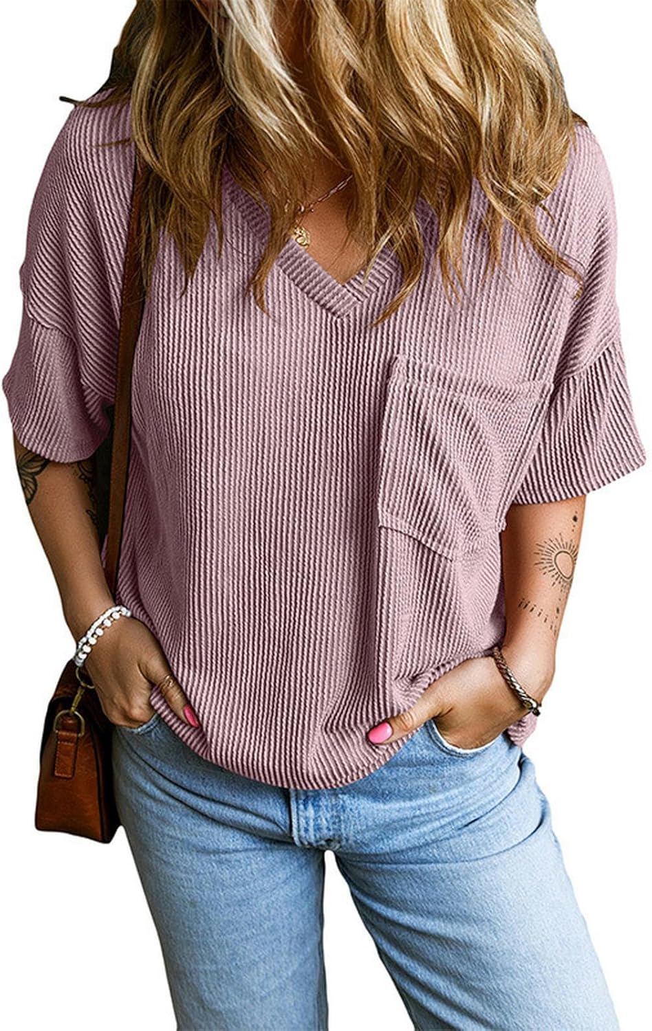 V-neck ribbed short sleeves