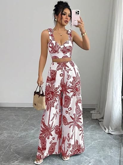 Bohemian Print Pleated Suspender Two-Piece Set