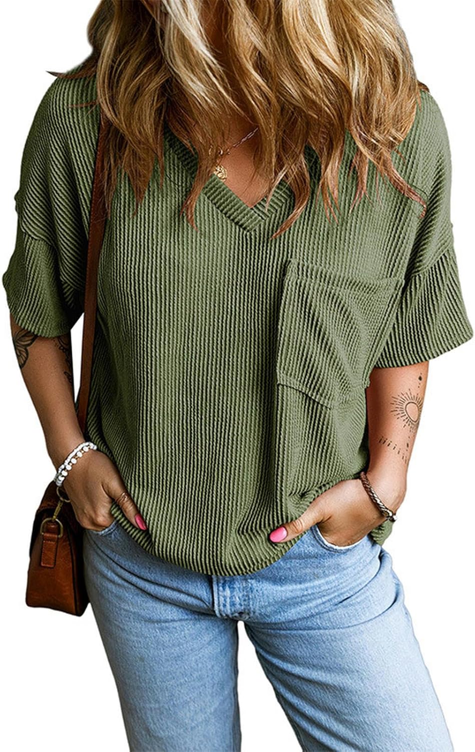 V-neck ribbed short sleeves