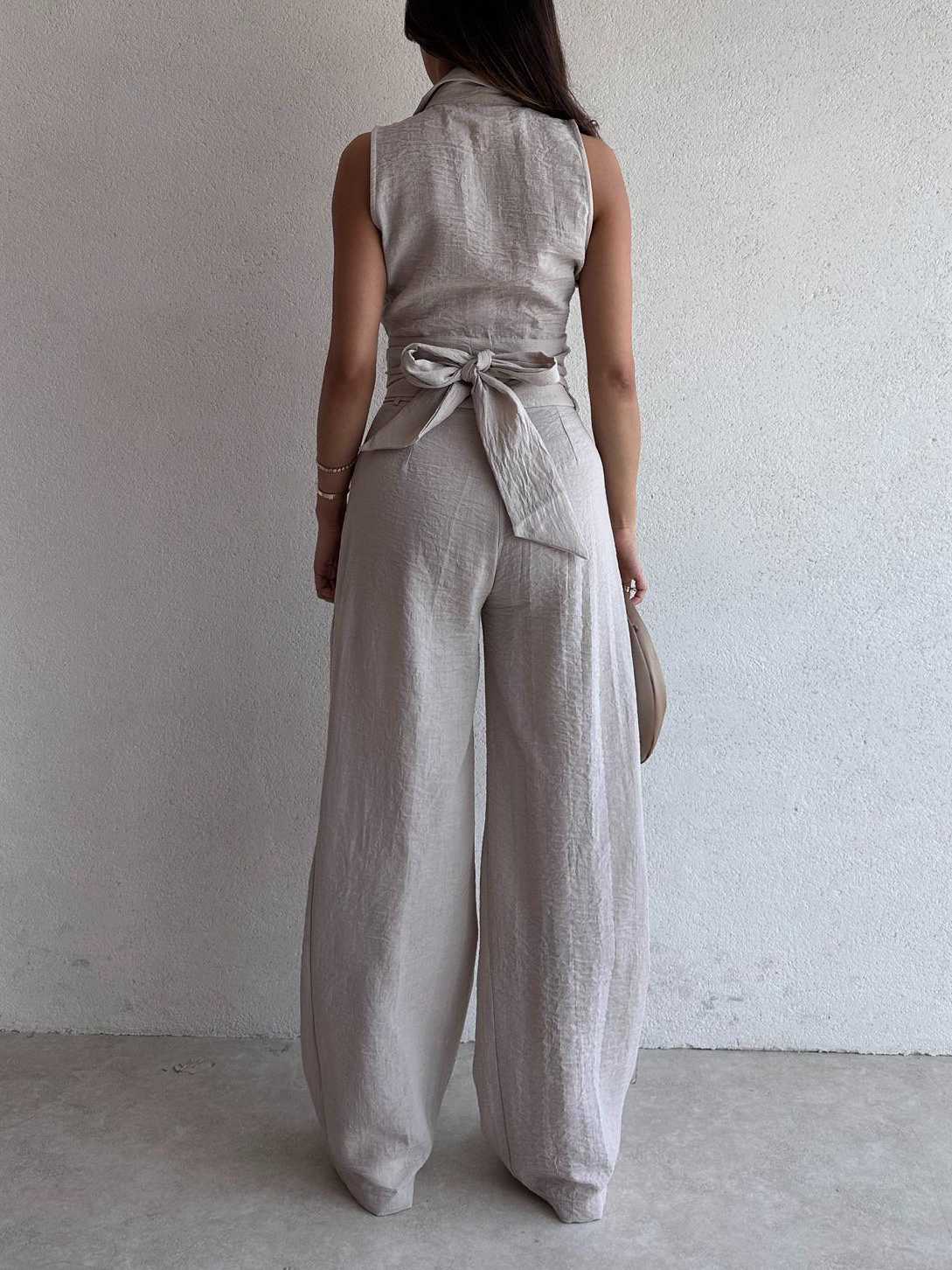 Sleeveless Wrap Top and Wide-Leg Pants Casual Suit