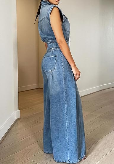 Women's Denim Sleeveless High Waisted Wide Leg Jean Rompers