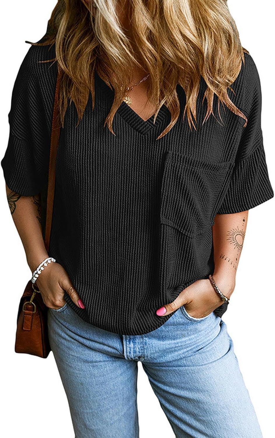 V-neck ribbed short sleeves