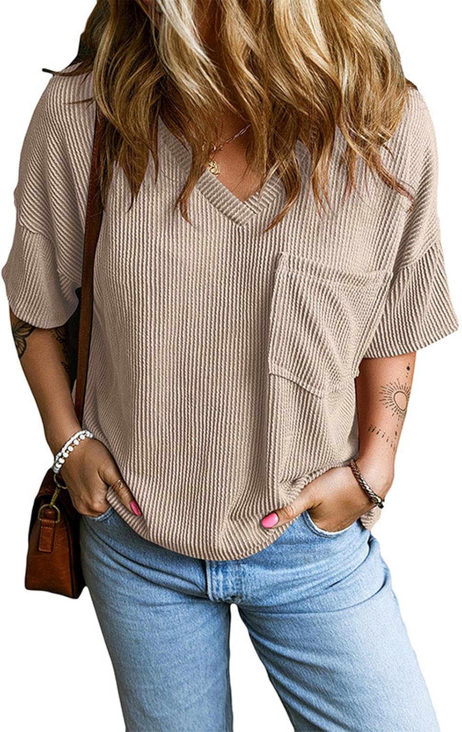V-neck ribbed short sleeves