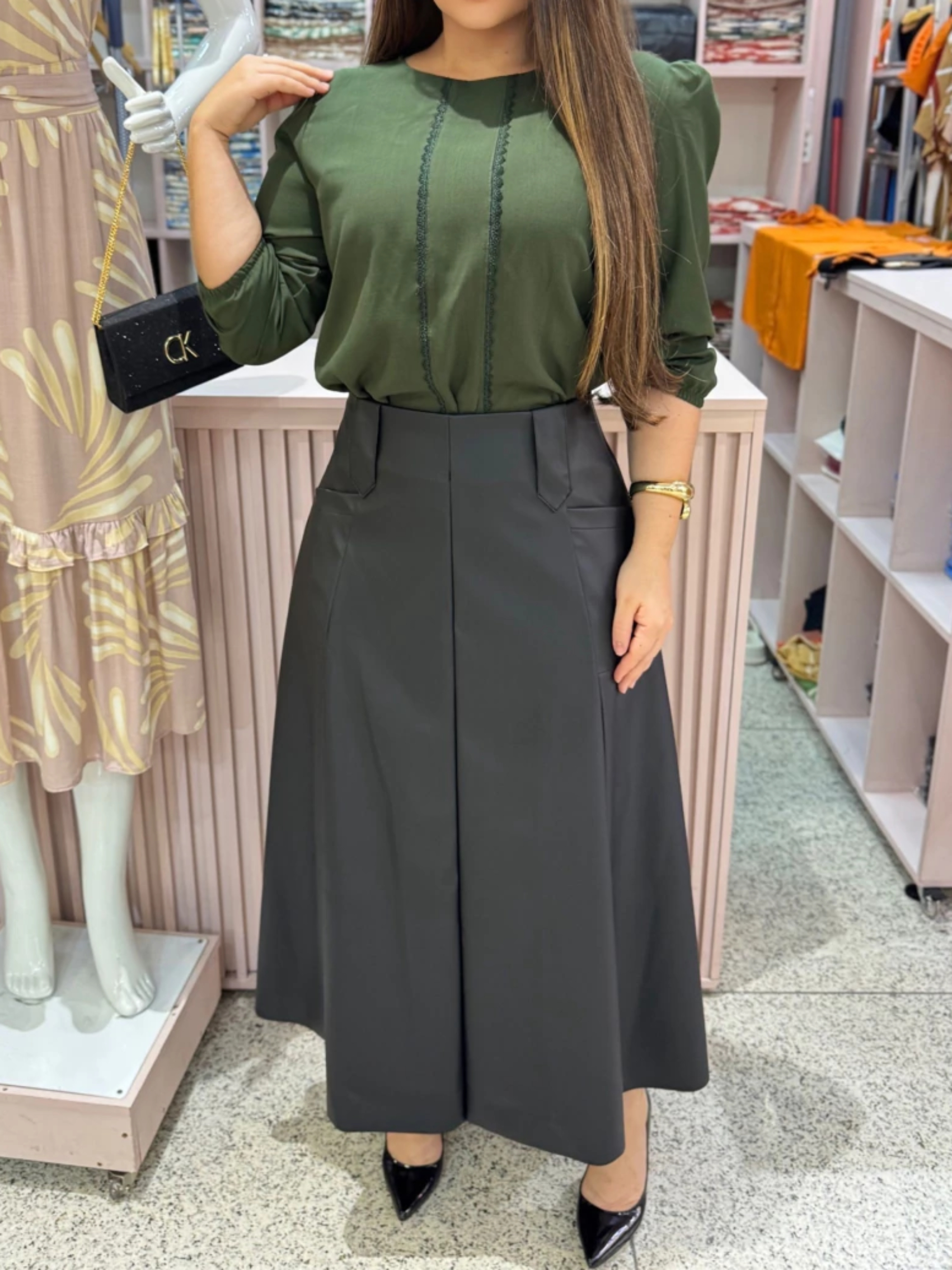 Faux Leather A-Line Midi Skirt And Lace Shirt Set