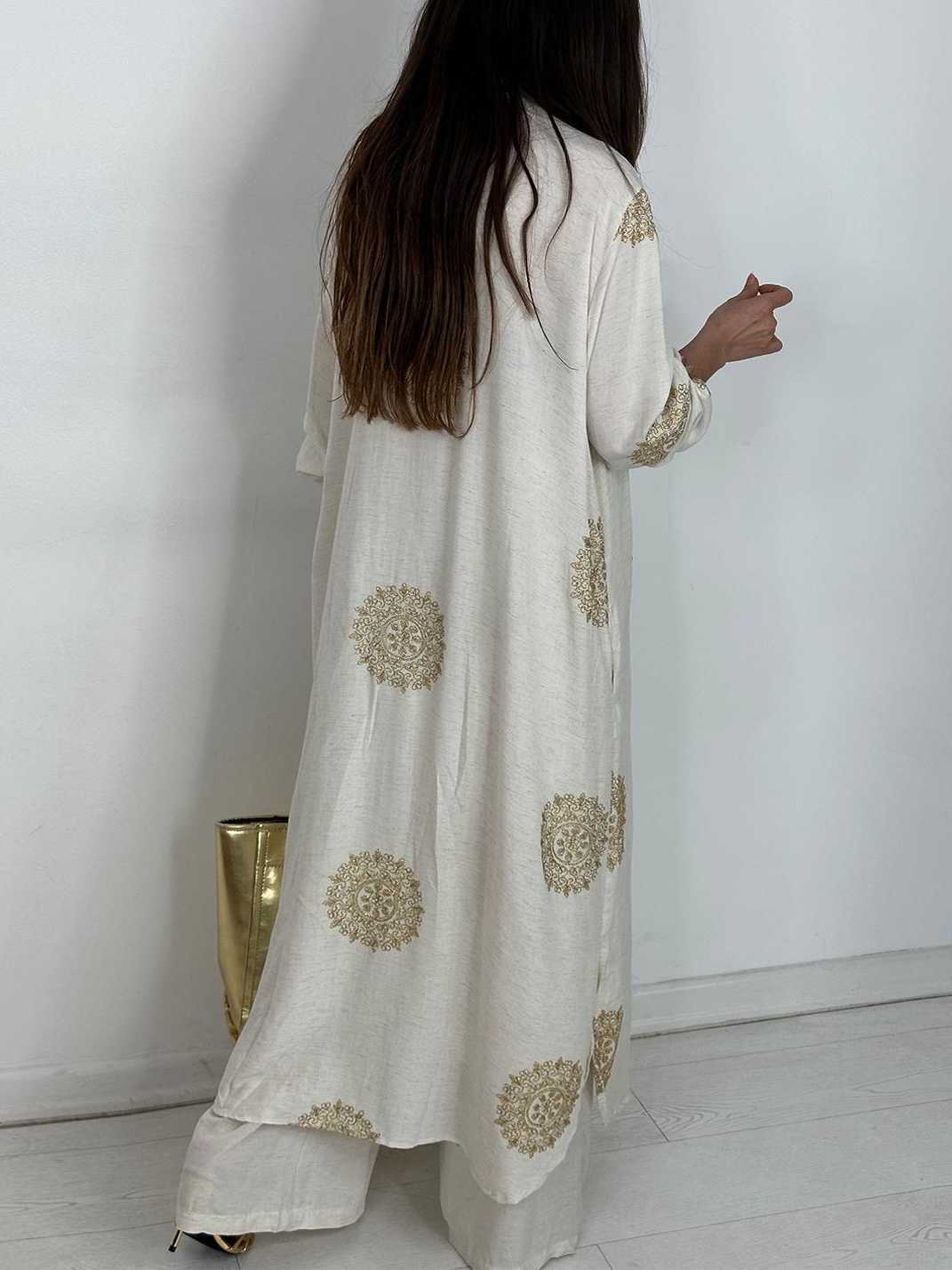 Embroidered Shirt Midi Top And Wide-Leg Pants Set