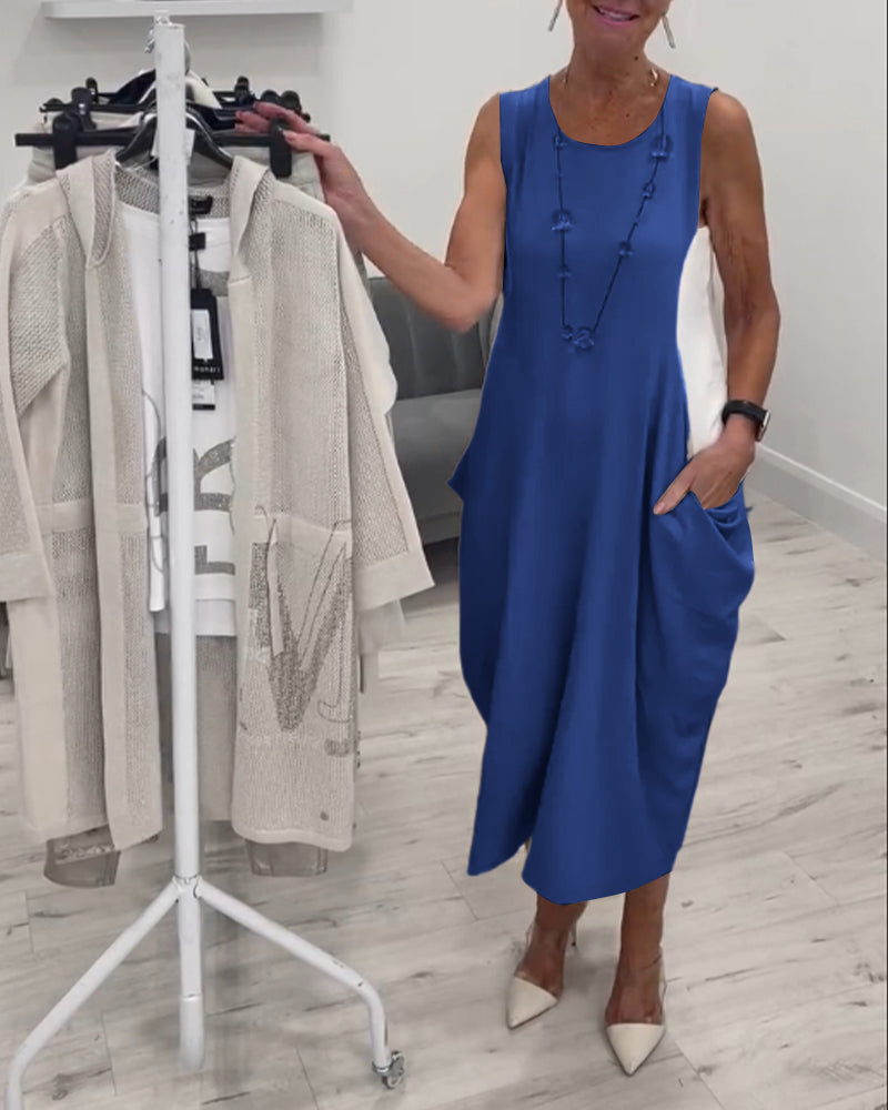 Trendy Sleeveless Patchwork Dress with Pockets