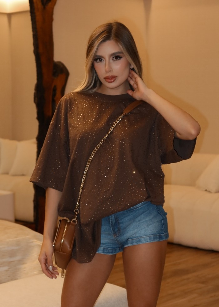 Glitter Short Sleeve Crewneck Casual Tee Shirt
