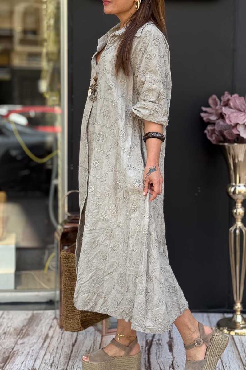 Embossed Floral Detailed Full Length Cotton Shirt Dress
