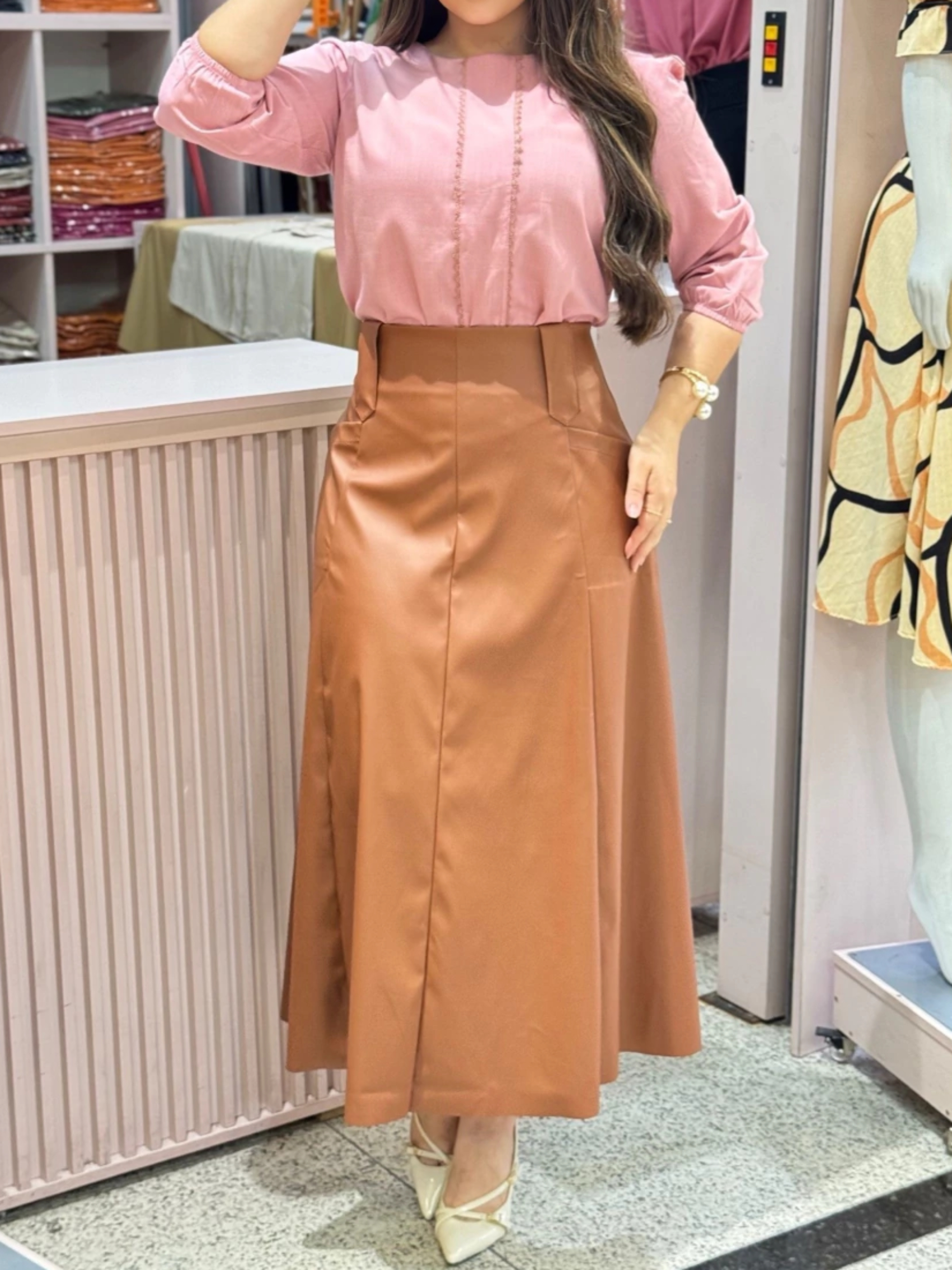 Faux Leather A-Line Midi Skirt And Lace Shirt Set
