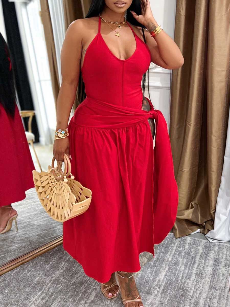 Women's Halter Neck Side Slit and Tie Waist Dress