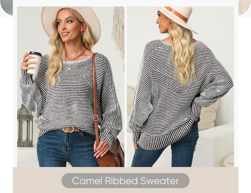 EVALESS Sweaters for Women Oversized Crewneck Batwing Sleeve Knitwear Casual Ribbed Two Tone Striped Thick Pullover Sweater 2025 Fashion Womenswear Fall Winter Outfits Tops
