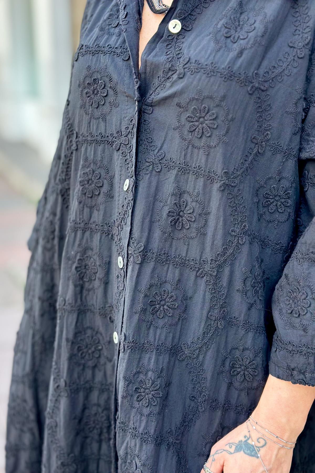 Embossed Floral Detailed Full Length Cotton Shirt Dress