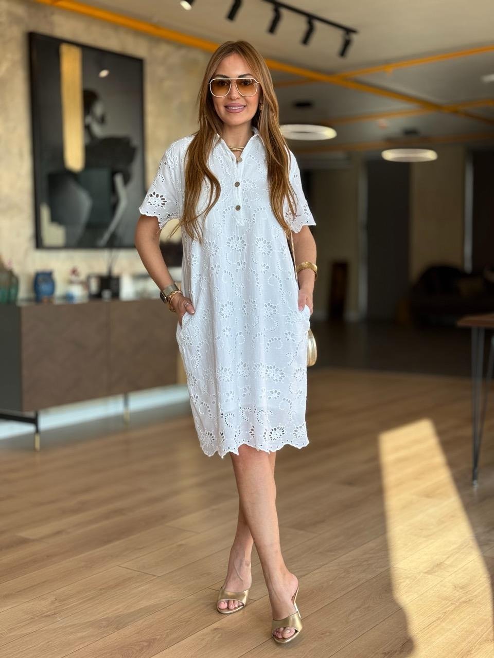 Lined Cotton Dress With Scalloped Front Neckline