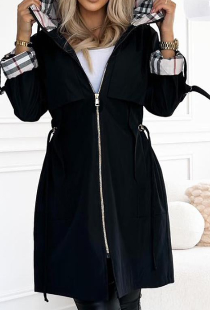 Women's Hooded Zipper Drawstring Plaid Print Casual Long Coat