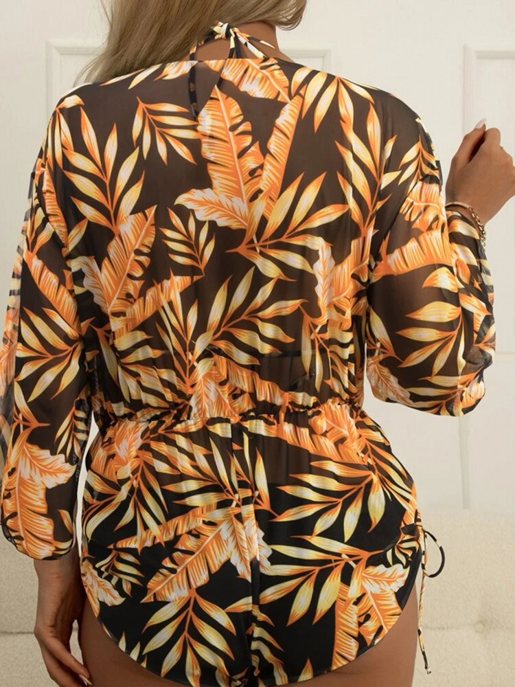 GEOMETRIC PRINT HALTER BIKINI SWIMSUIT & COVER UP 3 PIECE SET