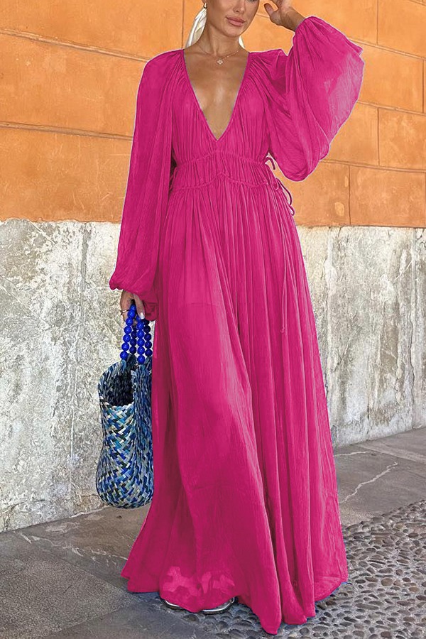 Chiffon Ruched Gathered Waist Maxi Dress