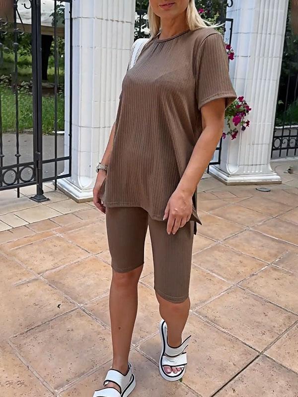 Solid Color Stretch Knit Top and Shorts Two-piece Set