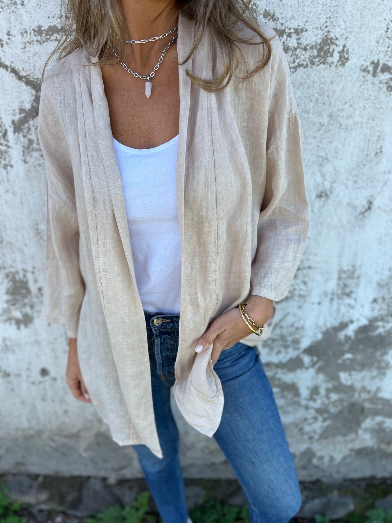 Casual Ruched 3/4 Sleeve Linen Cardigan