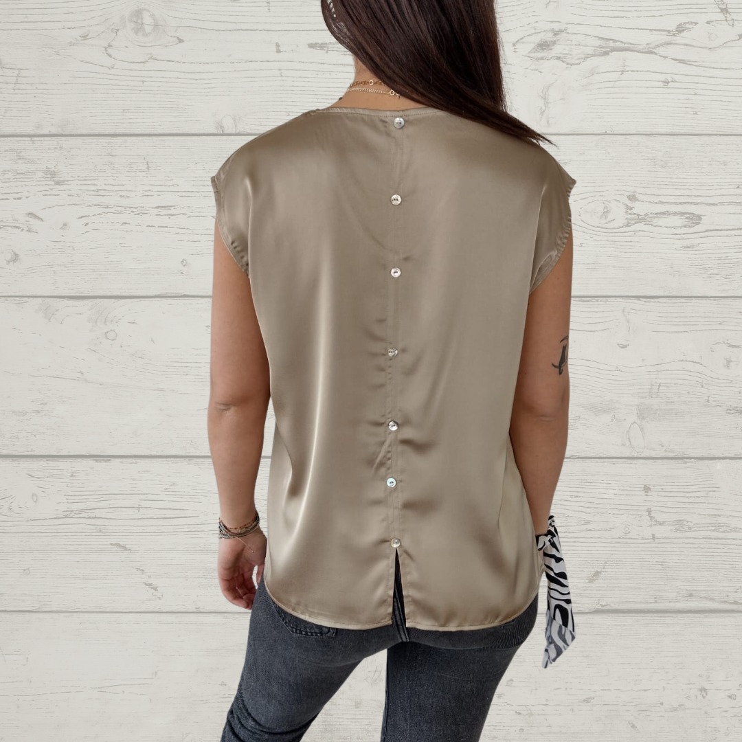 V-Neck Short Sleeve Back Button Blouse