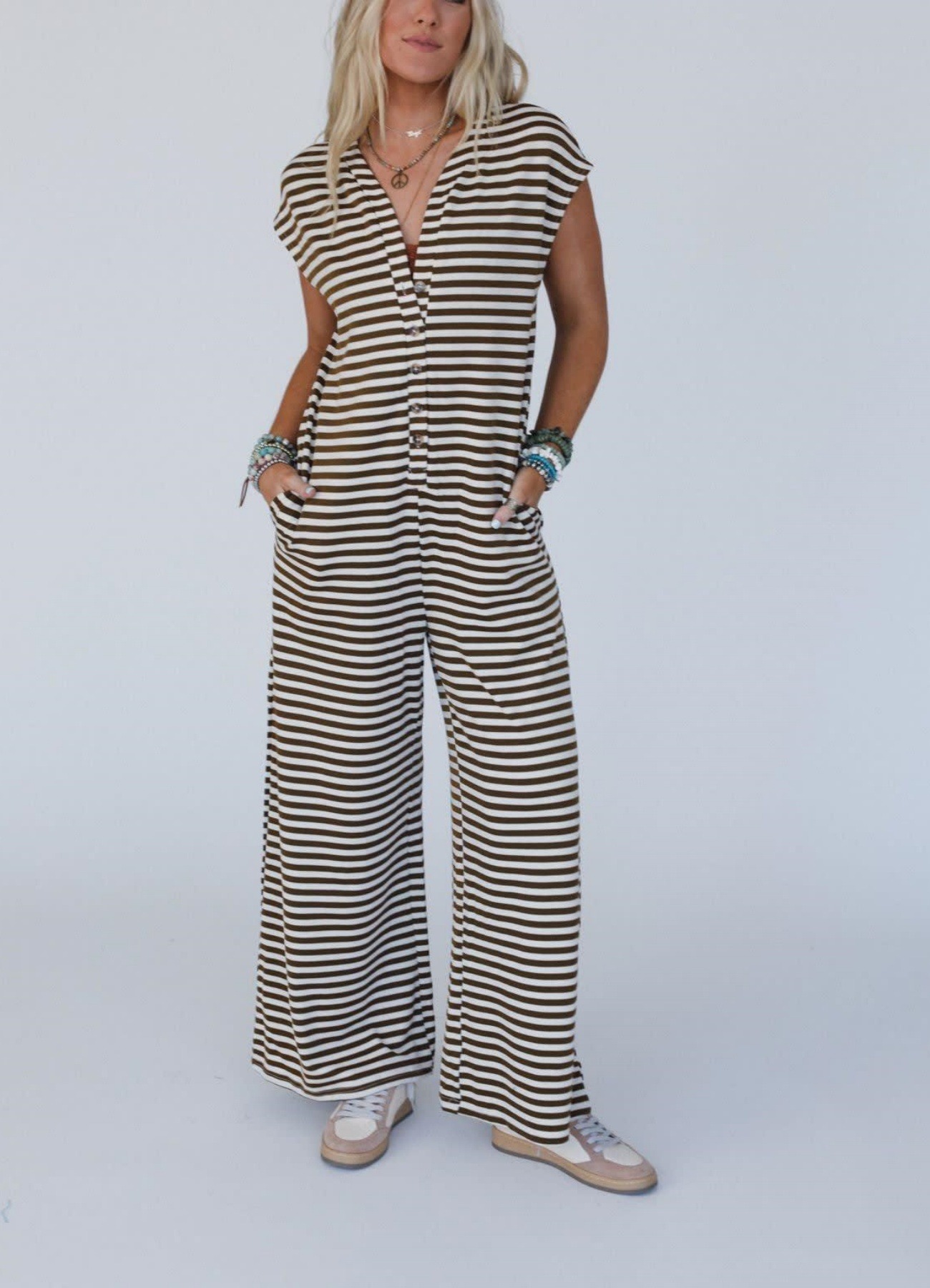 Sleeveless Button Stripe Jumpsuit