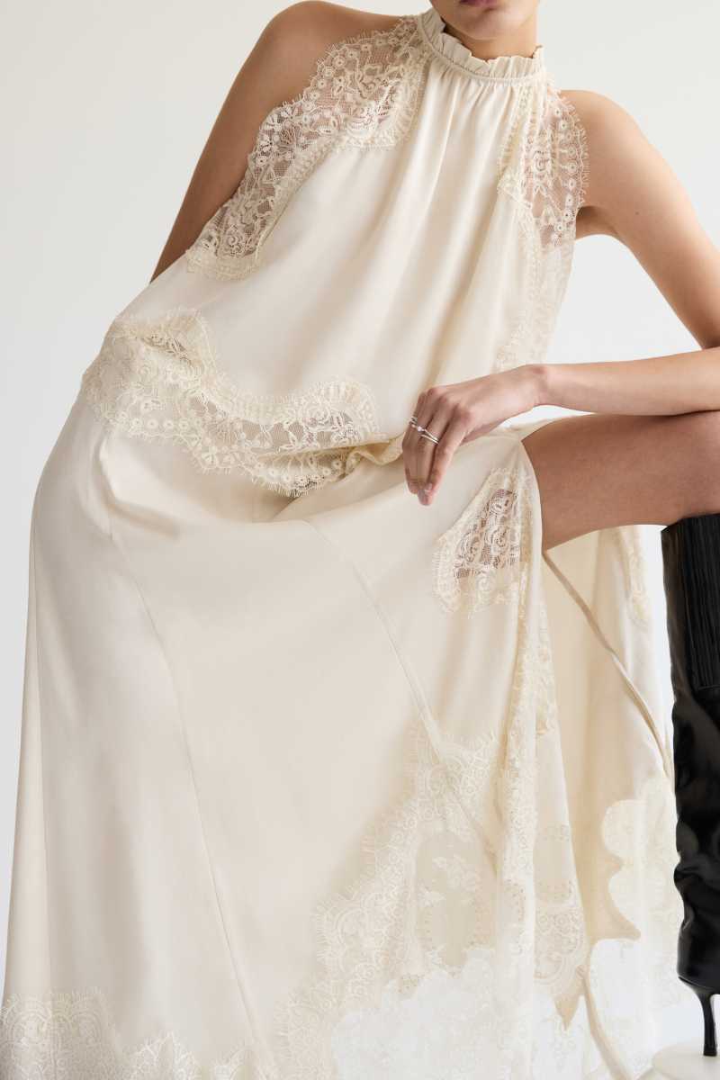Lace Trim Midi Skirt Set with Sleeveless Halter Neck Top