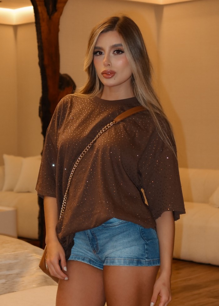 Glitter Short Sleeve Crewneck Casual Tee Shirt