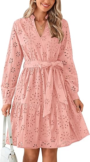 V-neck hollow eyelet short dress (with belt)