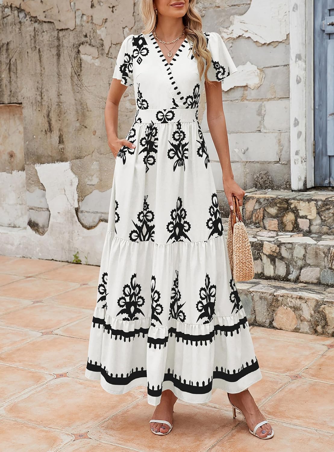 ⏰Hot Sale-Womens Casual V Neck Flowy Aline Bell Sleeve Tiered Floral Boho Maxi Dresses(Buy 2 Free Shipping)