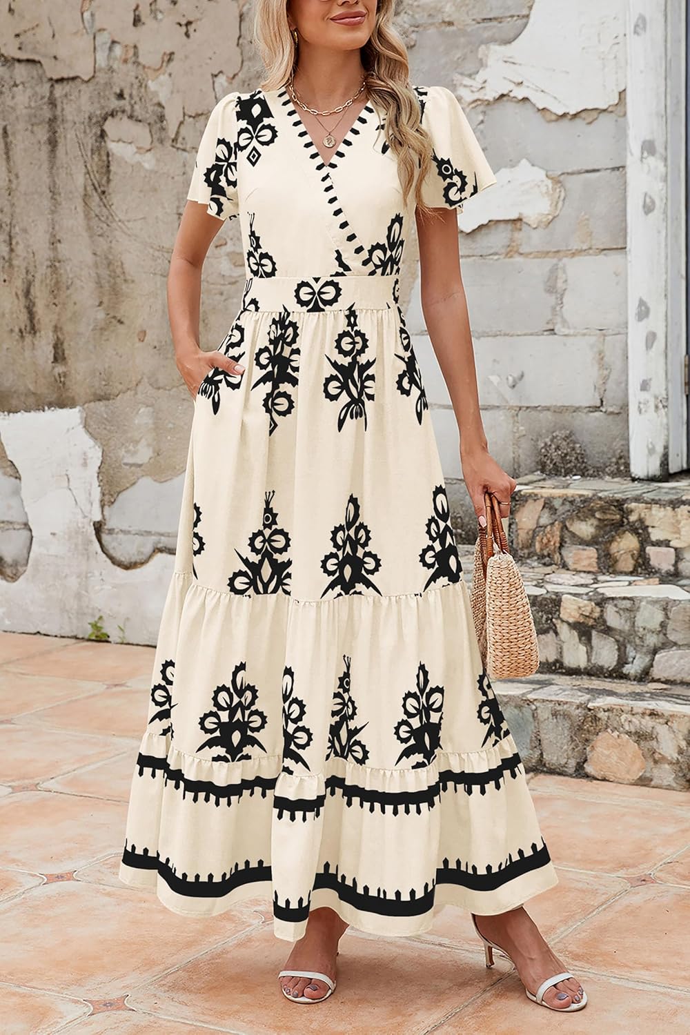 ⏰Hot Sale-Womens Casual V Neck Flowy Aline Bell Sleeve Tiered Floral Boho Maxi Dresses(Buy 2 Free Shipping)
