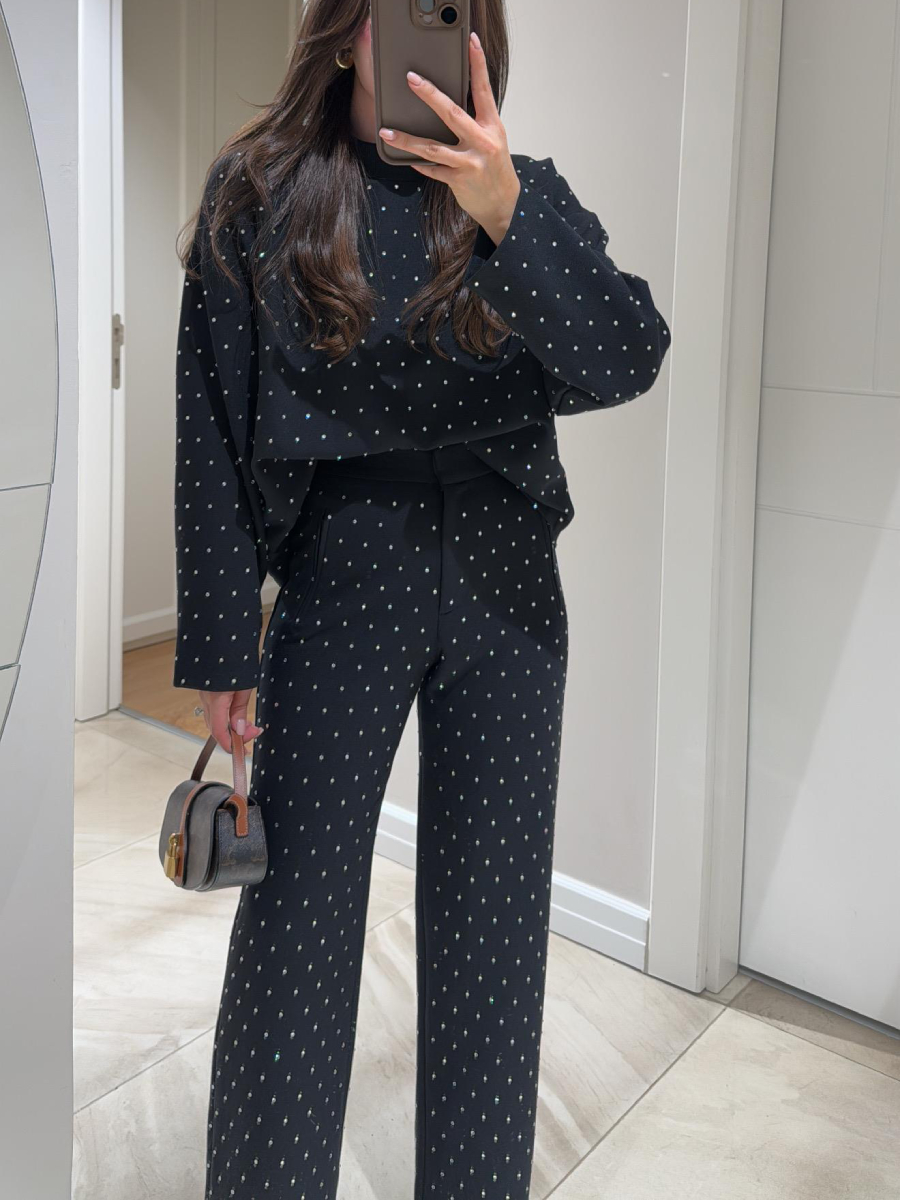 Black Round-Neck Rhinestone Trouser Two-Piece Suit