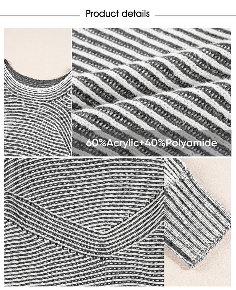 EVALESS Sweaters for Women Oversized Crewneck Batwing Sleeve Knitwear Casual Ribbed Two Tone Striped Thick Pullover Sweater 2025 Fashion Womenswear Fall Winter Outfits Tops