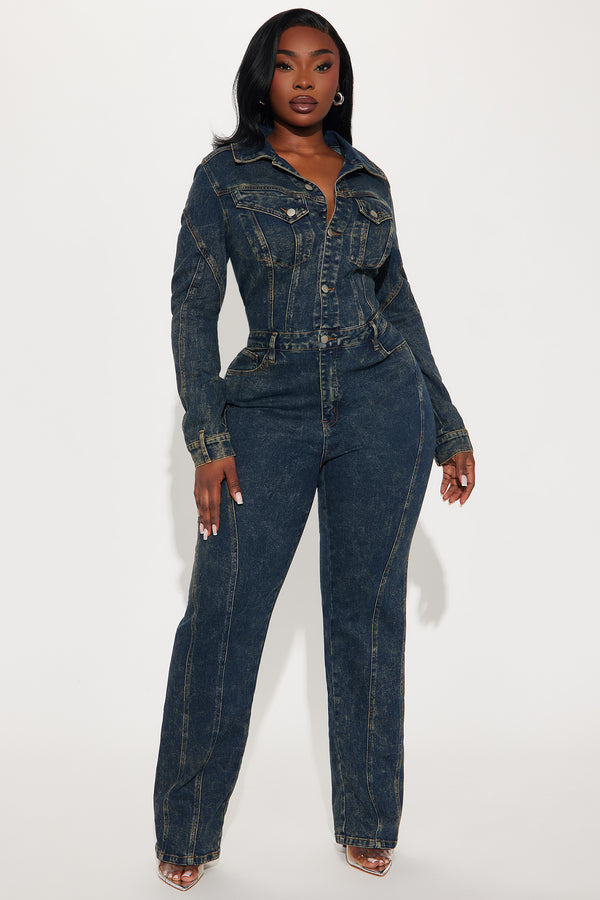 Long Sleeve Button-Down Denim Jumpsuit
