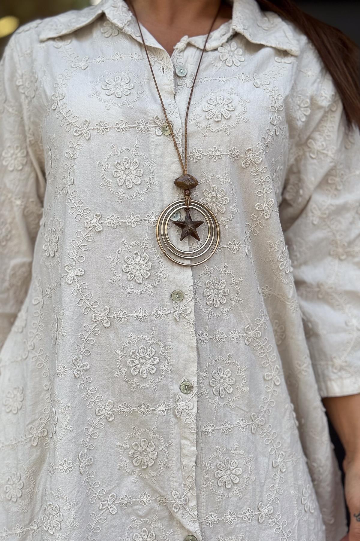 Embossed Floral Detailed Full Length Cotton Shirt Dress