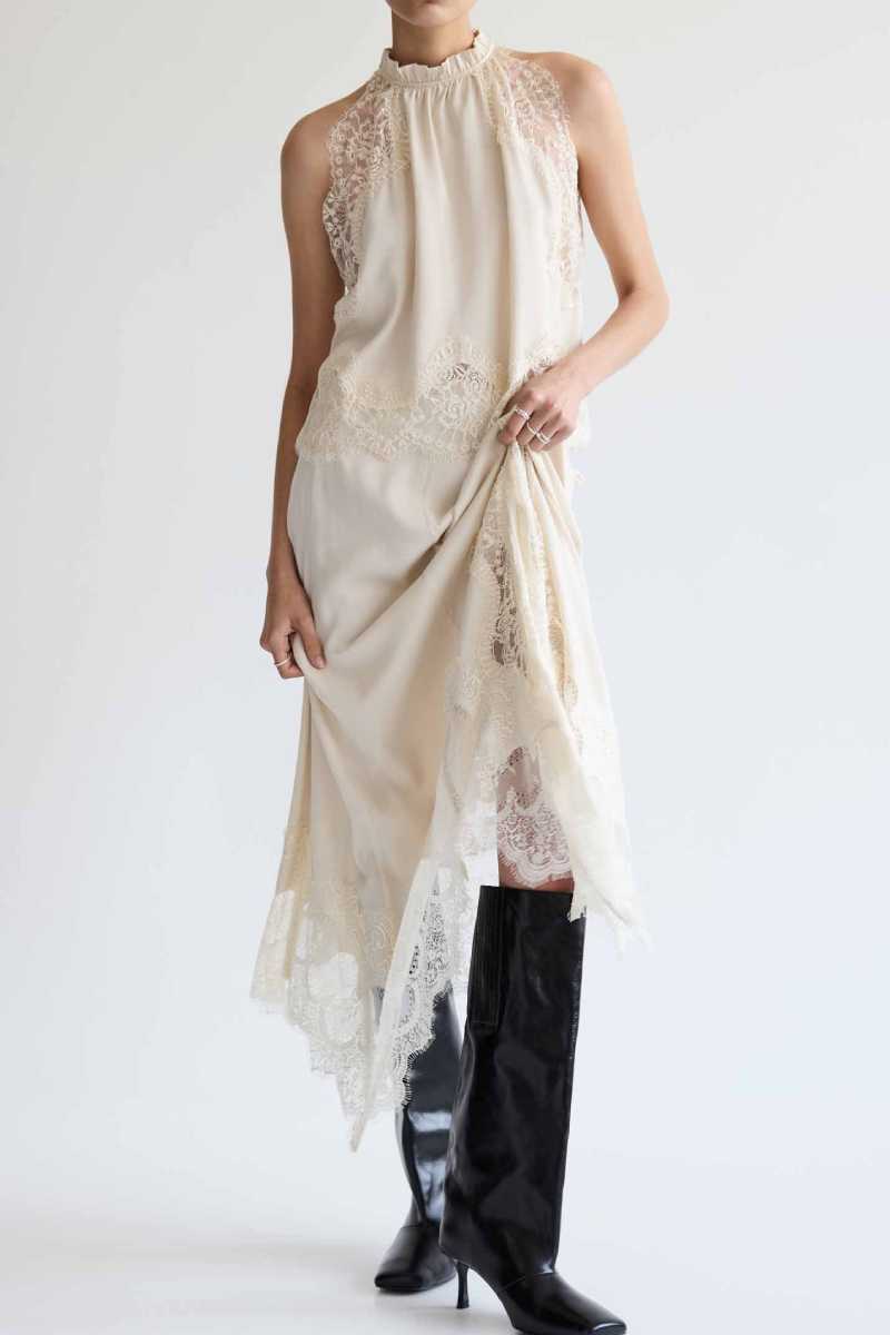Lace Trim Midi Skirt Set with Sleeveless Halter Neck Top
