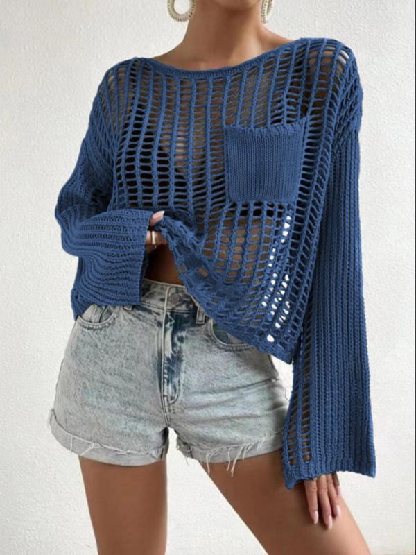 Solid Hollow Out Round Neck Casual Pocket Drop Shoulder Long Sleeve Jumper