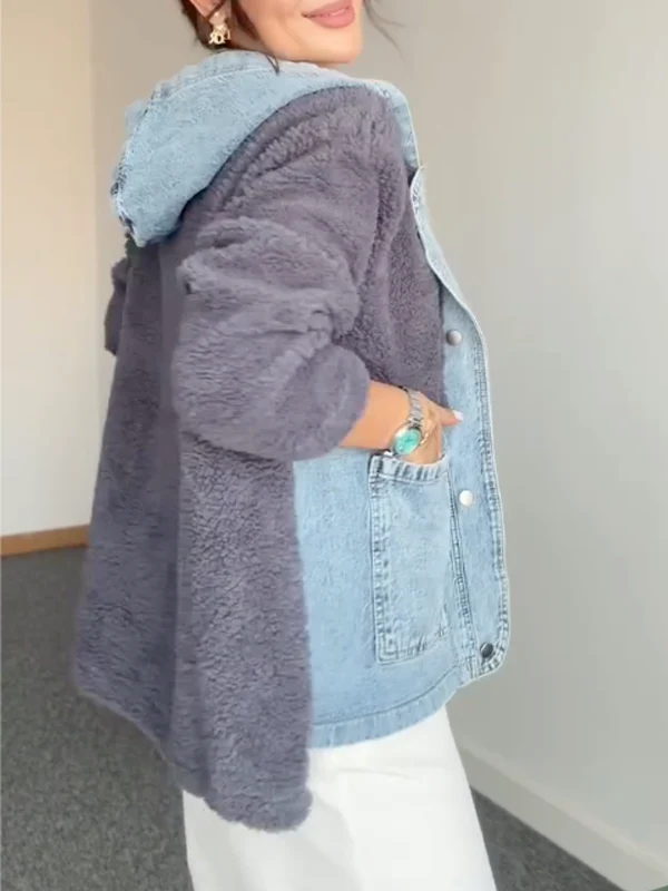Women Hooded Spliced Denim Plush Casual Jacket