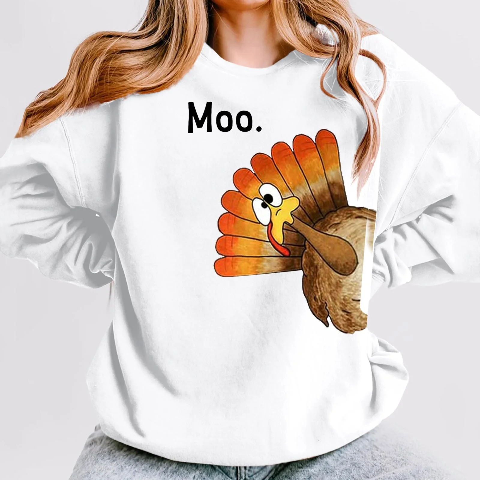  Womens Crweneck Sweatshirts Thanksgiving Funny Moo Turkey Print Pullover 