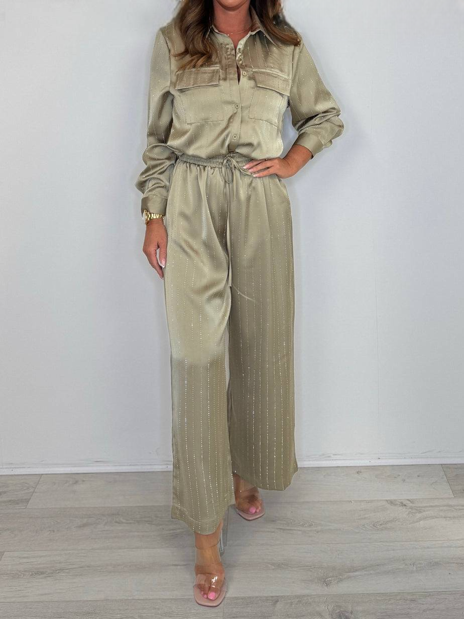 Bejeweled Collar Button-Up Drawstring Pants Set