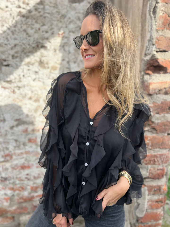 Elegant Ruffle Button Down Dramatic Statement Sleeve Chiffon Blouse