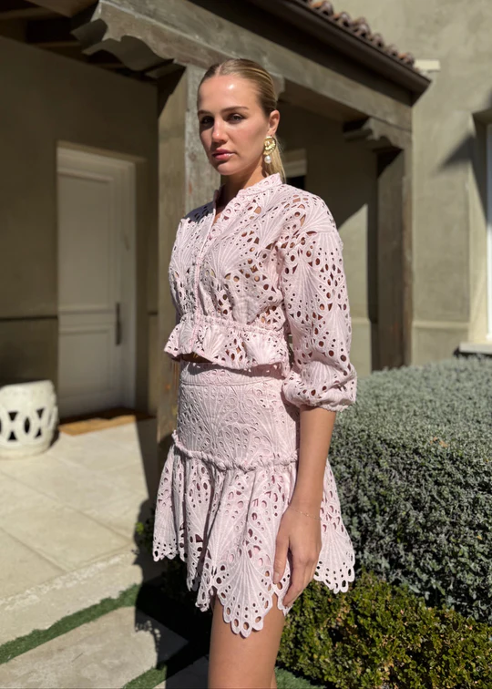 Sibel Light Pink Lace Drop Waist Scalloped Hem Mini Skirt