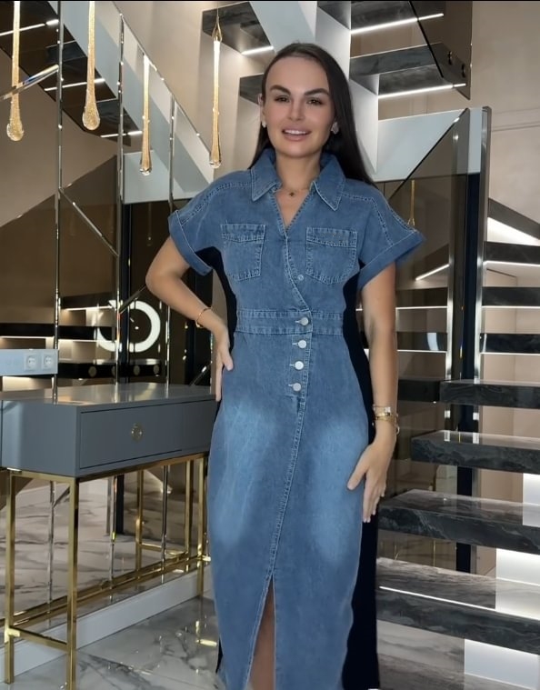 Contrast Color Waist Button-Decorated Denim Dress