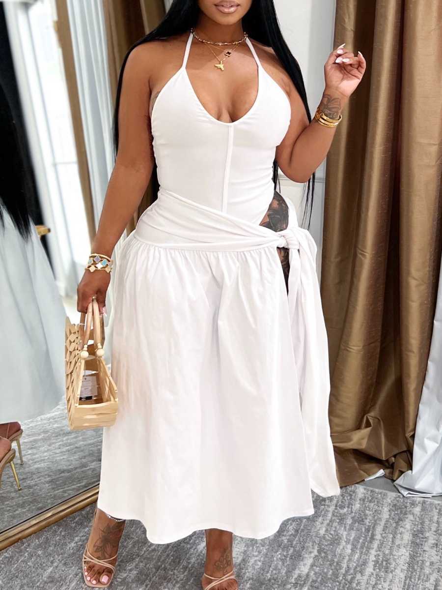Women's Halter Neck Side Slit and Tie Waist Dress