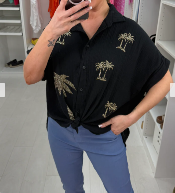 Embellished palm tree denim shirt