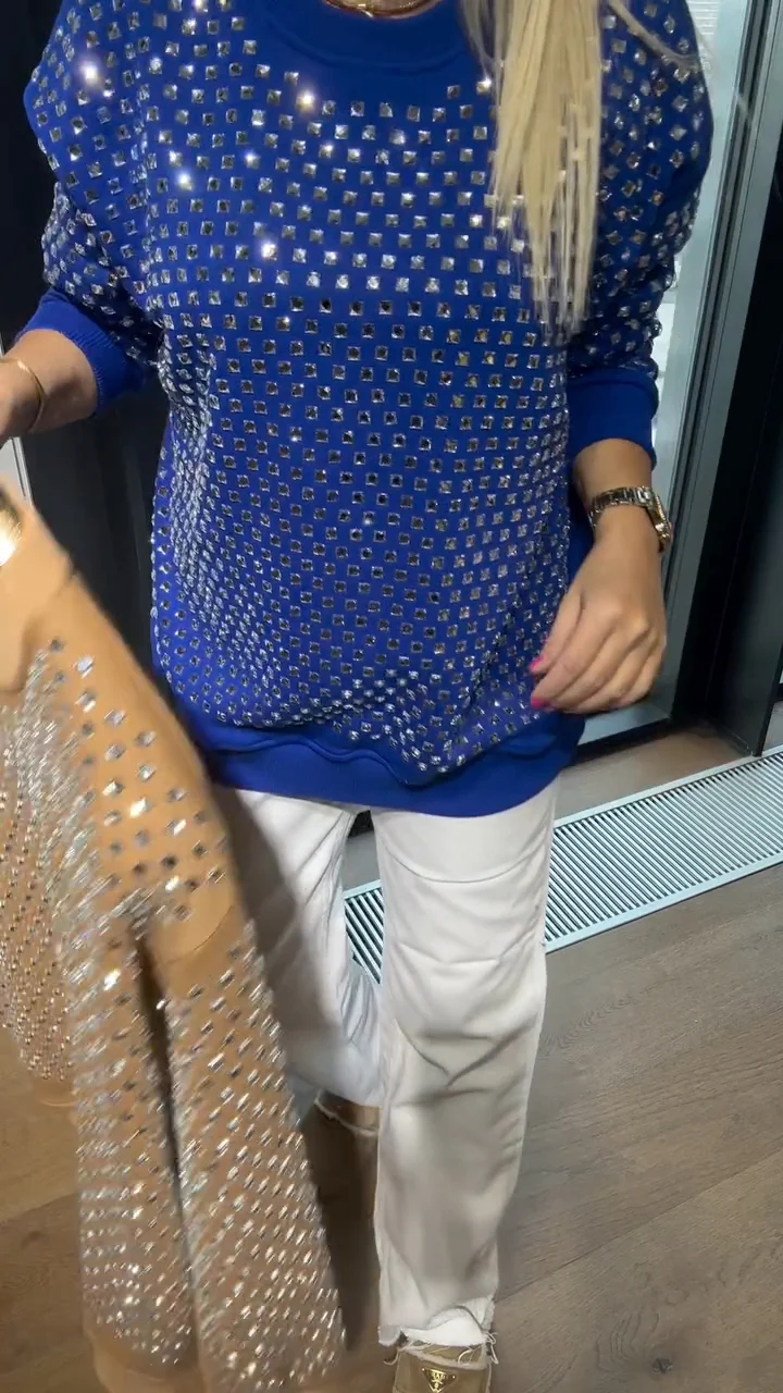 Women's Crew Neck Rhinestone Casual Sweatshirt