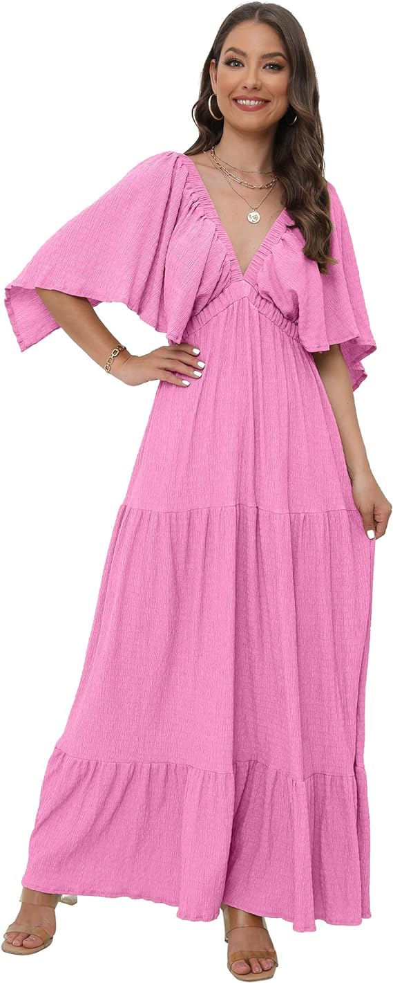 Tiered Silhouette with Flutter Sleeves Maxi Dress