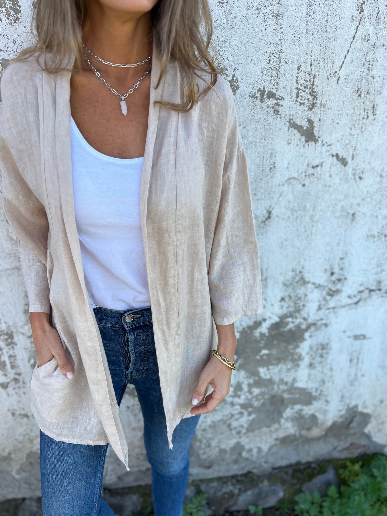 Casual Ruched 3/4 Sleeve Linen Cardigan